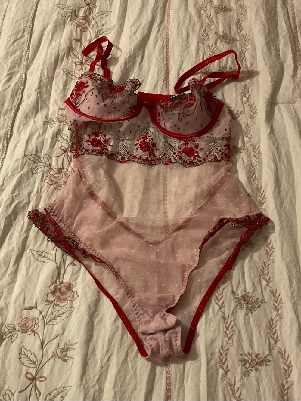 Victoria's Secret Pink Sheer Embroidered Bodysuit with Red Trim